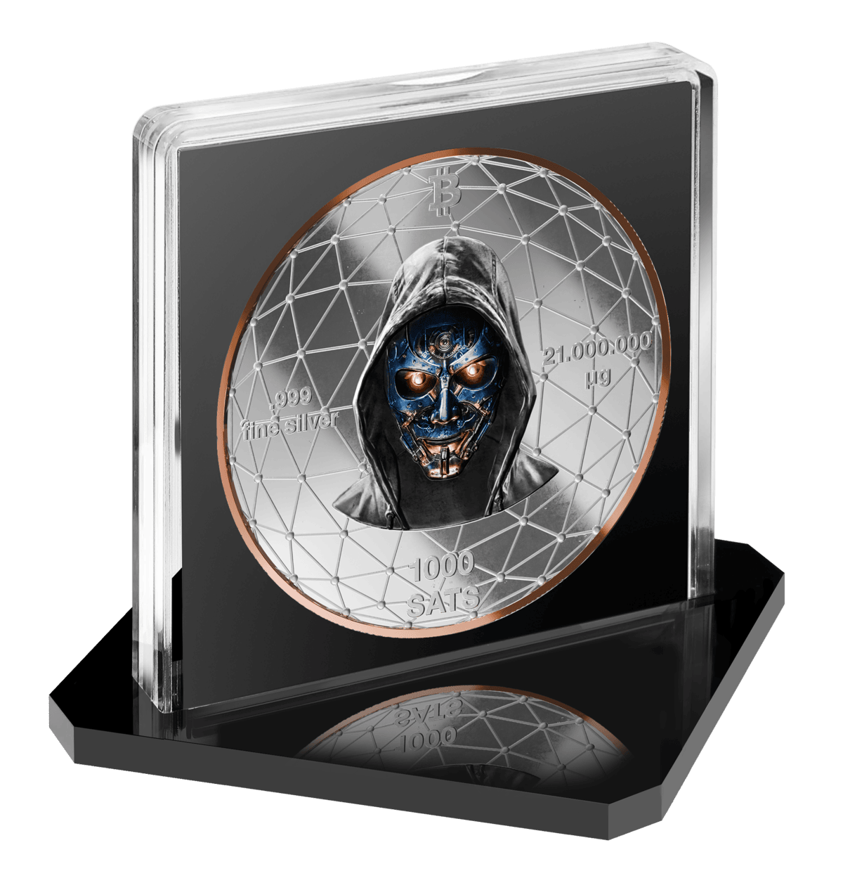 A metallic silver coin featuring a detailed skull with glowing eyes, encased in a protective display case, 2026 Ger.