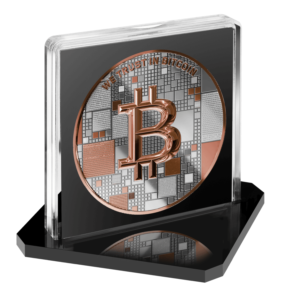 A silver-colored, angled coin from 2026, minted by Germany, weighing 21 grams, featuring a Bitcoin theme with intri.