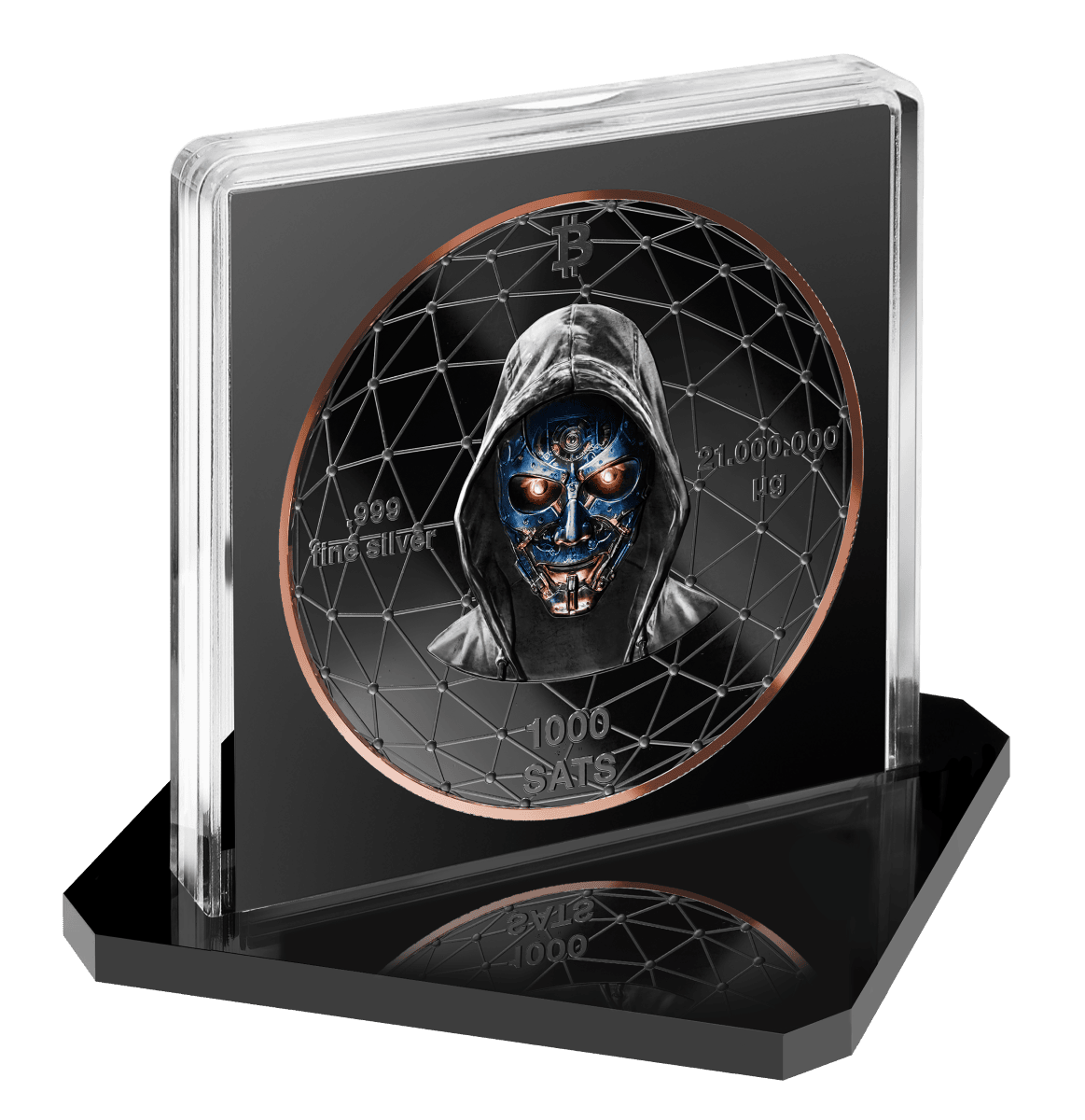 A dark-themed Bitcoin Shark coin featuring a futuristic skull with glowing eyes, 2026 mint, 21 grams silver, black.