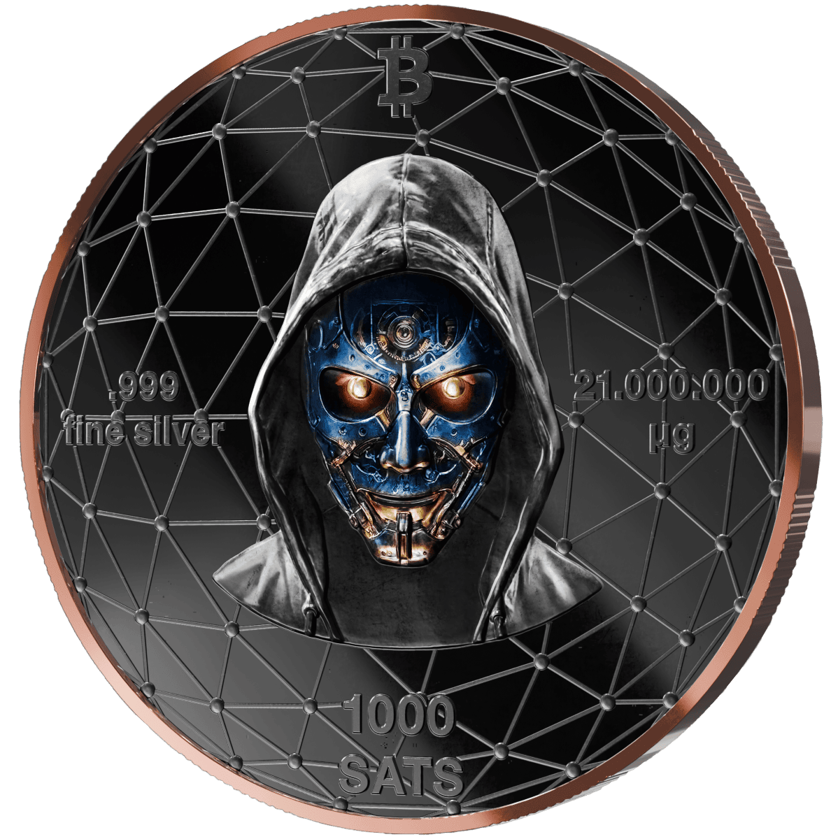 A silver coin with a futuristic skull design, black platinum finish, 2026 Germany Satoshi Project, 21 grams, minted.
