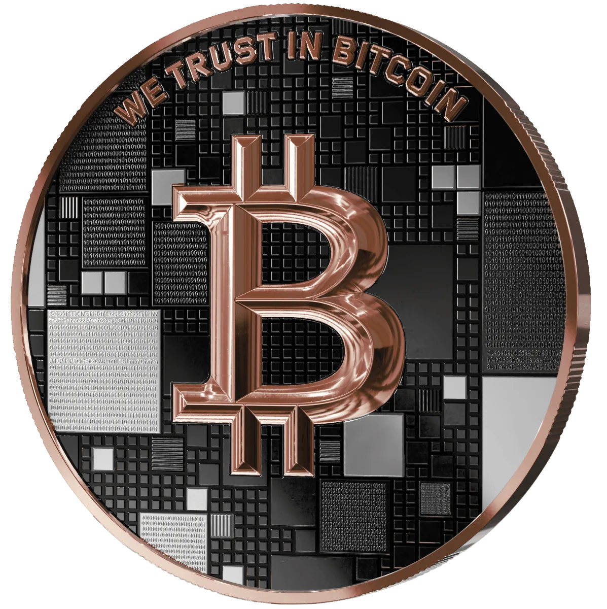 We trust in Bitcoin coin, 2026 Germany Satoshi Project, silver gilded black platinum, 21 grams, front view.