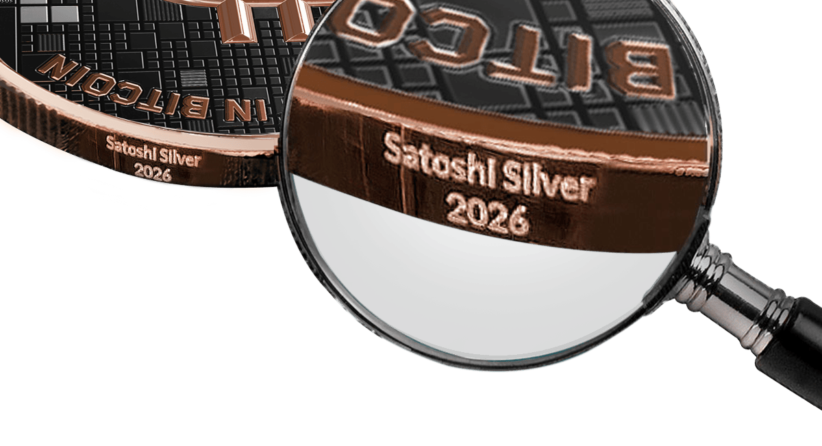 Satoshi Silver 2026 coin, black platinum finish, angled view, minted in 2026, 21 grams, featuring Bitcoin Shark the.