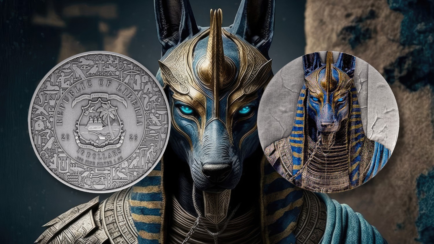 Intricate Anubis 1 oz silver coin, 2026, Egypt mint, angled view, colorized antiqued finish, celebrating Egyptian h.