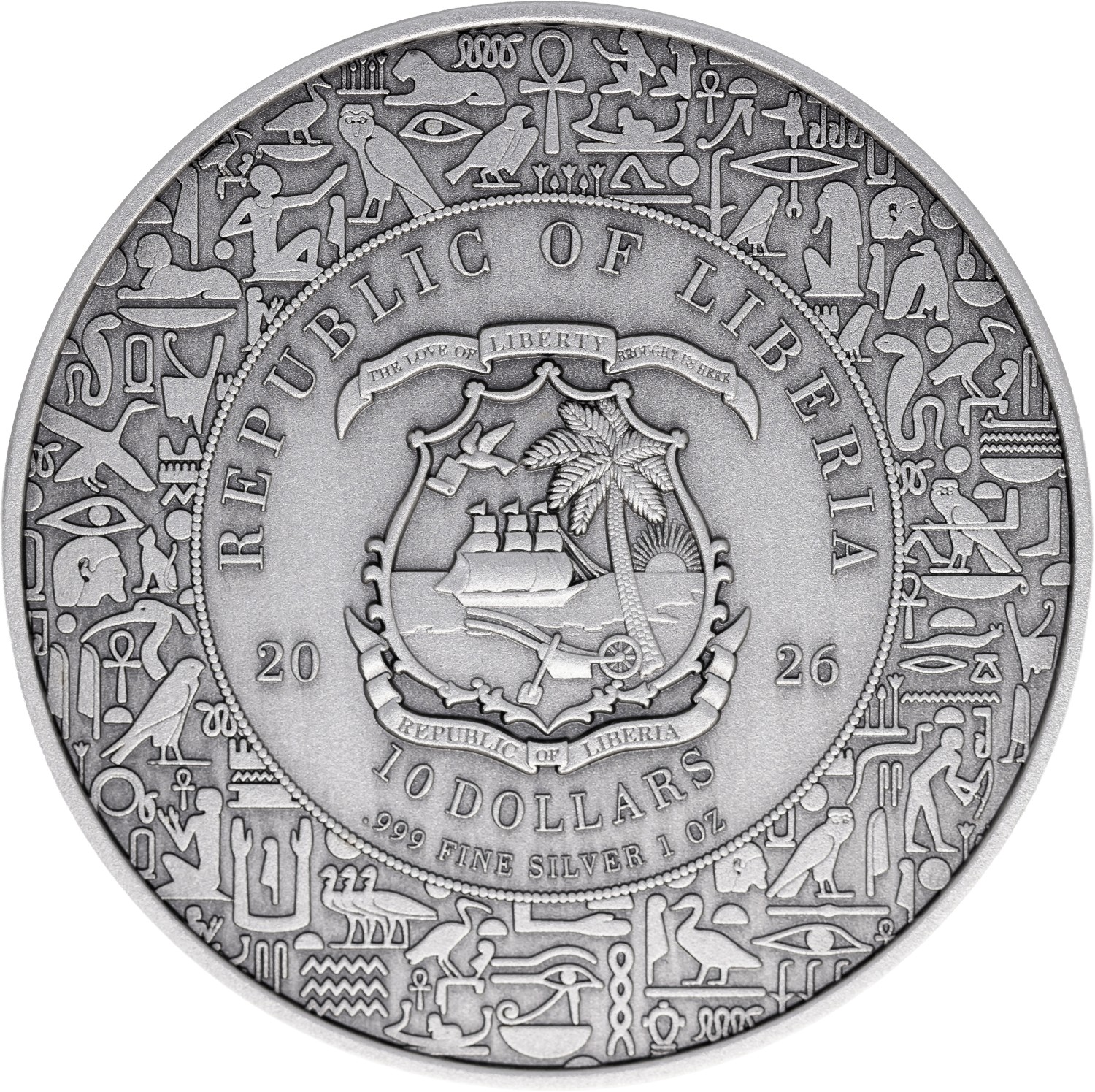 Crucial angle, 2026 Liberia Egyptian Heritage Anubis 1 oz silver coin, minted by GR Reserve, featuring ancient Egyp.