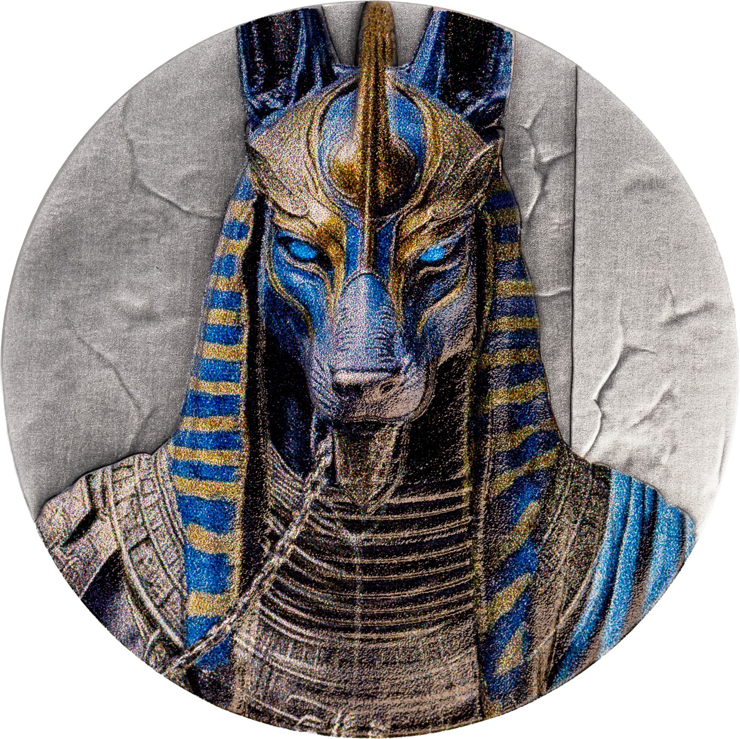 Ancient Egyptian Anubis coin, 2026, minted in Liberia, 1 oz silver, colorized and antiqued, showcasing Egyptian her.