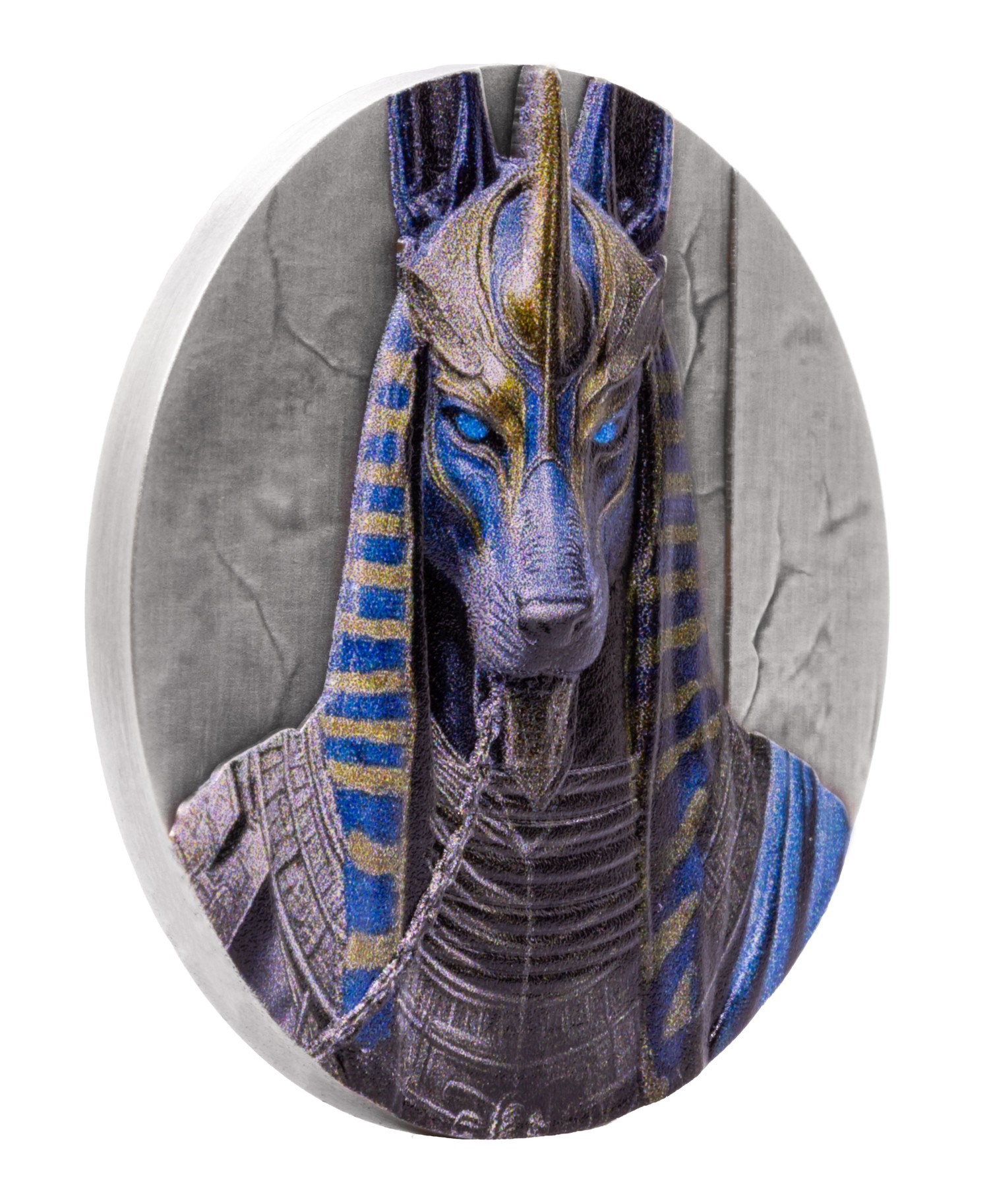 An alt tag: Liberia Egyptian Heritage Anubis 1 oz Silver Colorized Antiqued UHR Coin, front angle, 2026, mint, 1 oz.