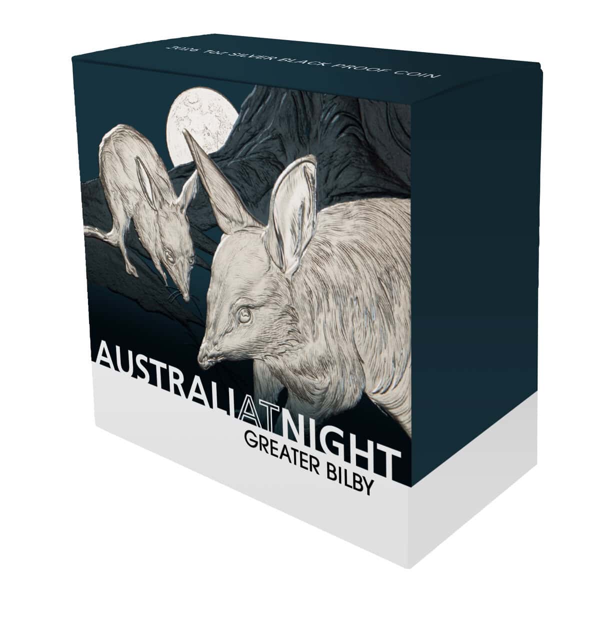 A stunning 2026 Niue Australia at Night Greater Bilby 1 oz Silver Black Proof Coin, angled view, minted in 2026, 1.