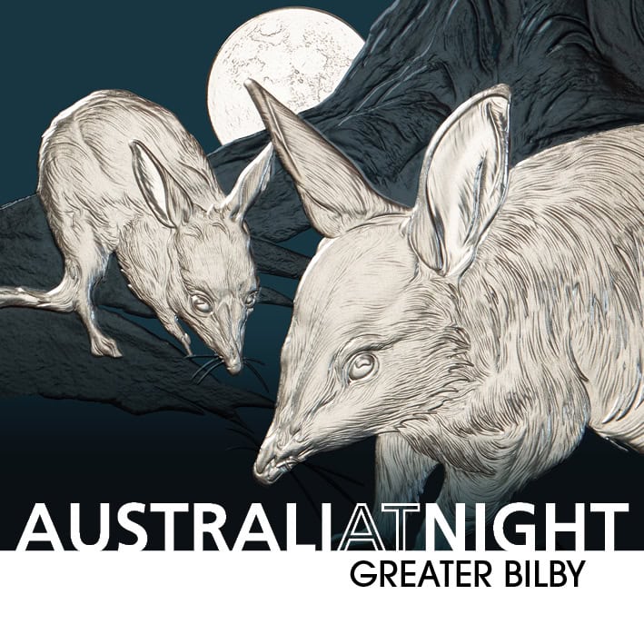 Niue 2026 Australia at Night Greater Bilby 1 oz Silver Black Proof Coin, 2026, Perth Mint, 1 oz, night scene with b.