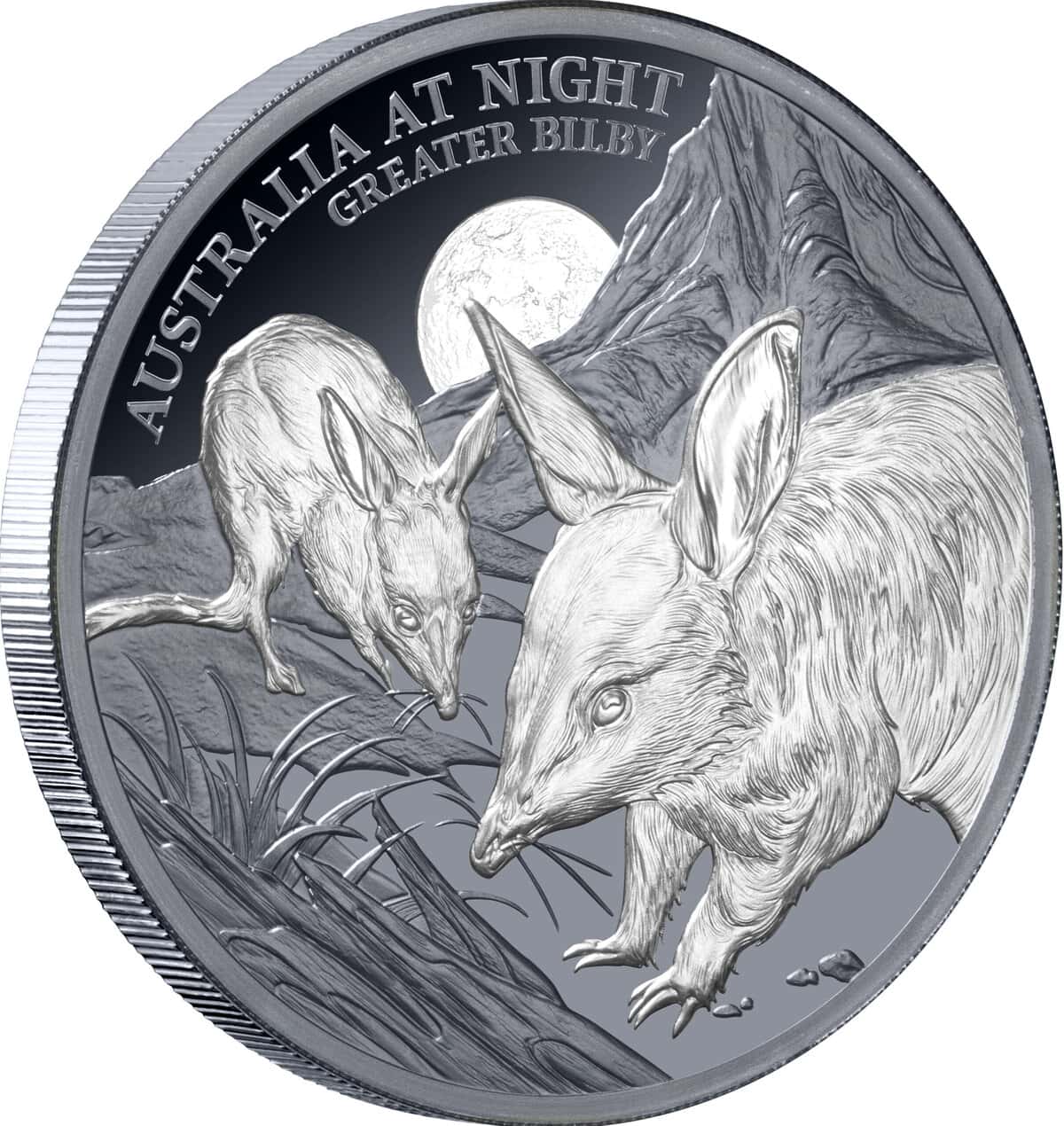 Niue 2026 Greater Bilby at Night 1 oz silver black proof coin, angled view, minted in 2026, showcasing Australia’s.