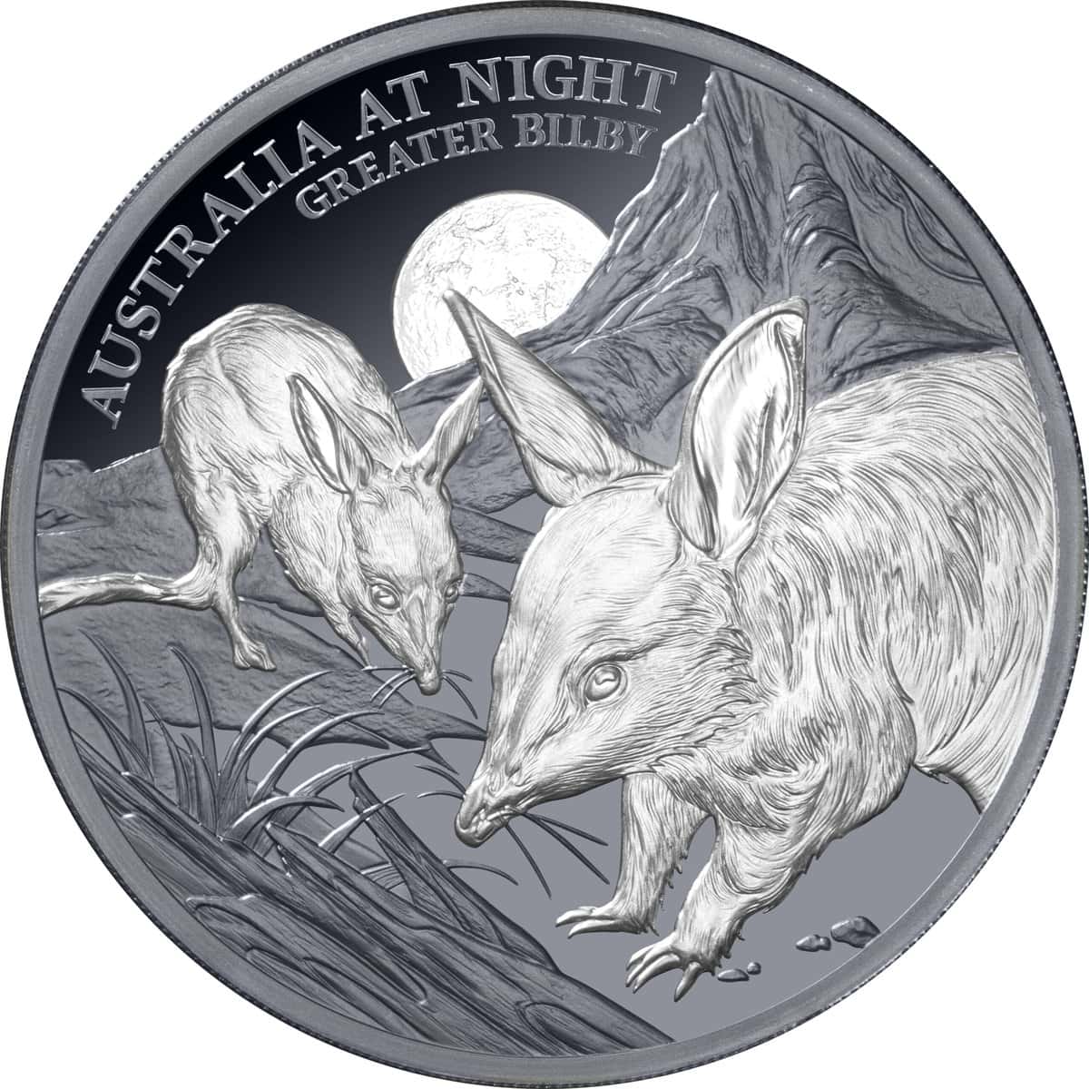 A detailed silver coin featuring a Greater Bilby at night, minted in 2026 by the Perth Mint, weighing 1 oz, showcas.