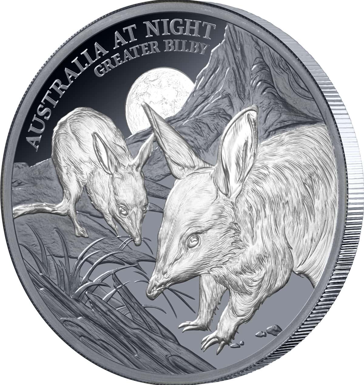 A detailed view of the 2026 Niue Australia at Night Greater Bilby 1 oz Silver Black Proof Coin, showcasing the intr.