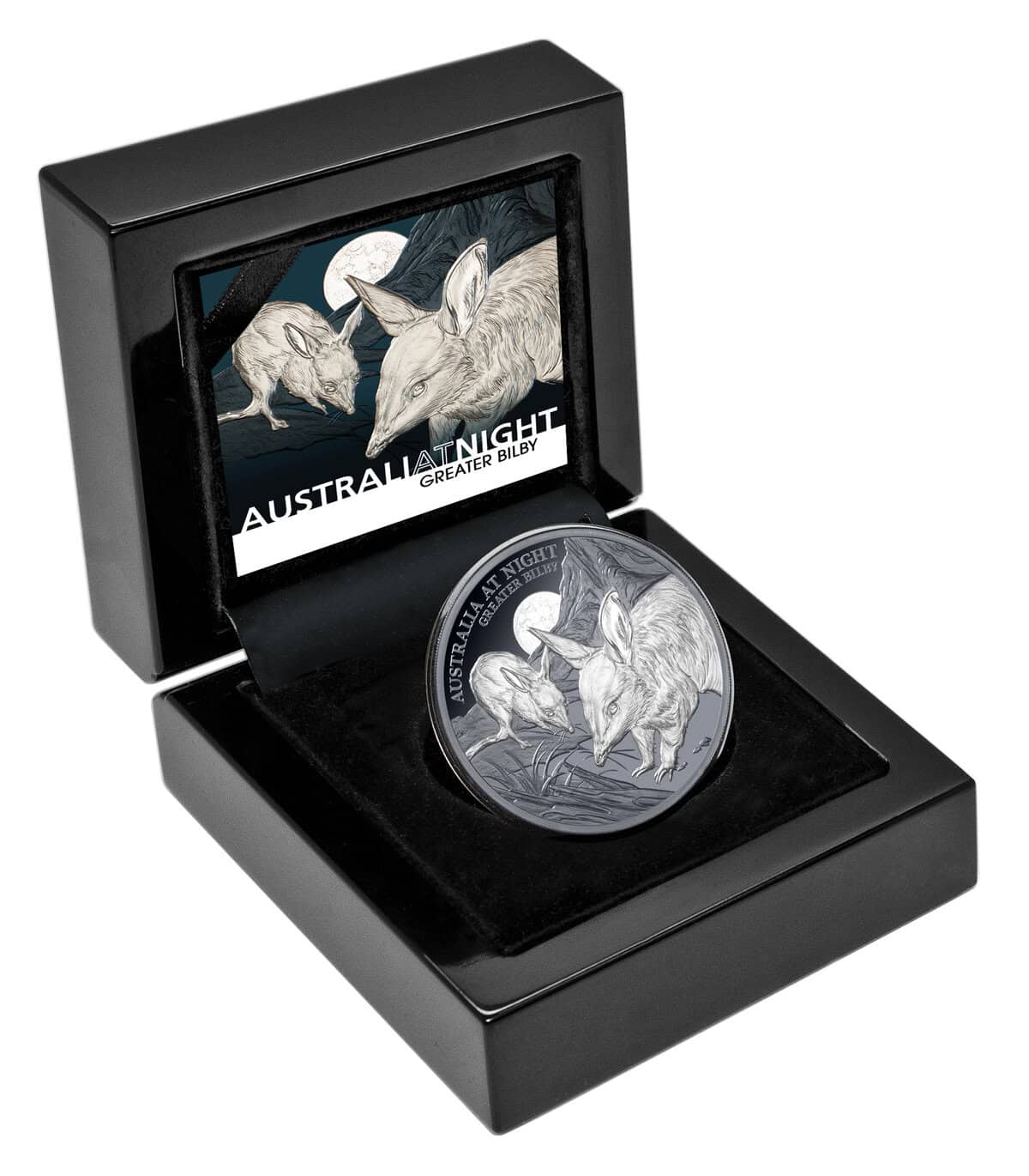 Niue 2026 Australia at Night Greater Bilby 1 oz silver black proof coin, side angle, 2026, Perth Mint, 1 oz, noctur.