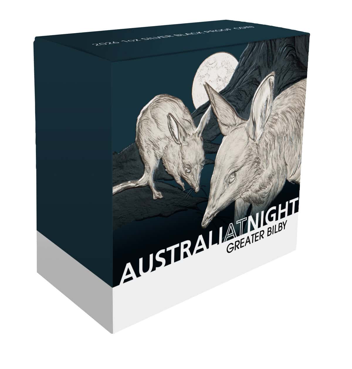 Elegant Niue Australia at Night Greater Bilby 1 oz Silver Black Proof Coin, 2026, Perth Mint, detailed angle showca.