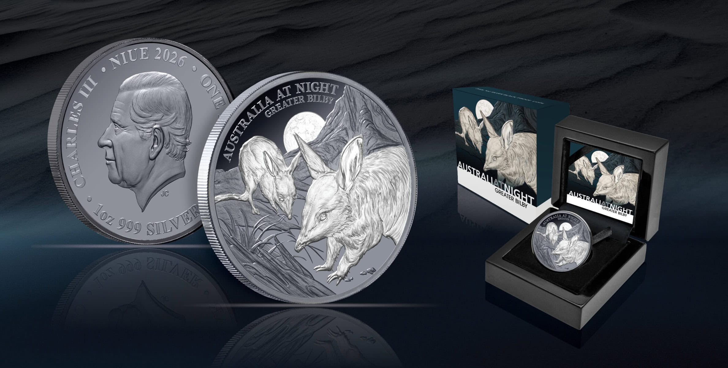Niue 2026 Australia at Night Greater Bilby 1 oz Silver Black Proof Coin, side angle, 2026, Perth Mint, 1 oz, wildli.