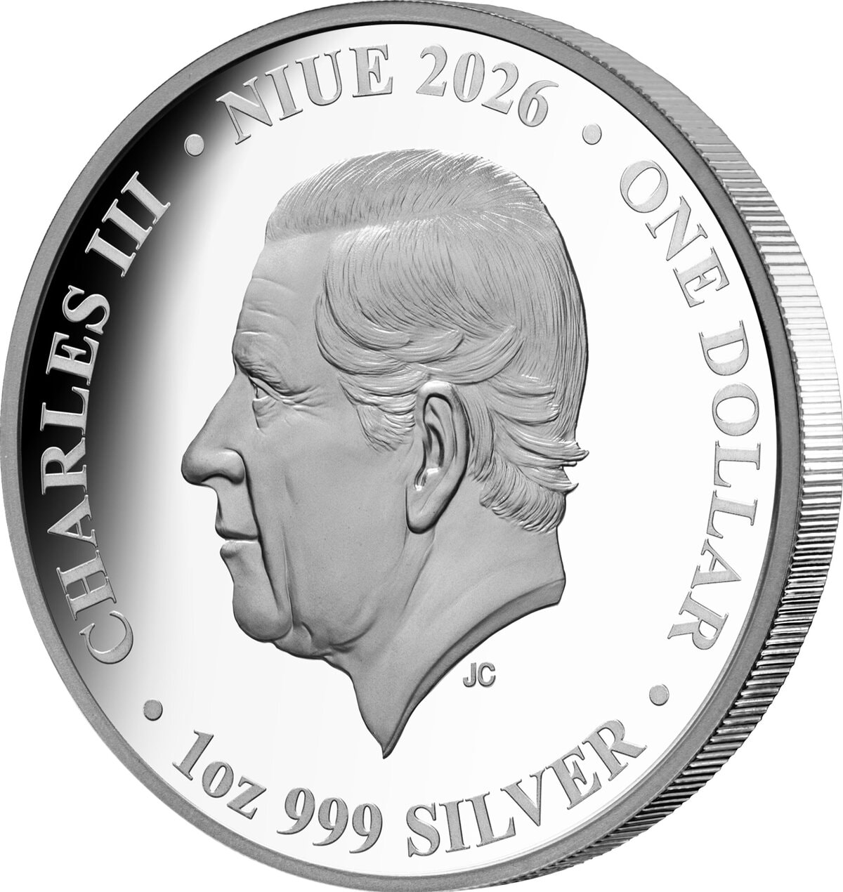 Intricate side angle of the 2026 Niue Silver Proof Coin featuring Charles III, minted by the Royal Australian Mint,.