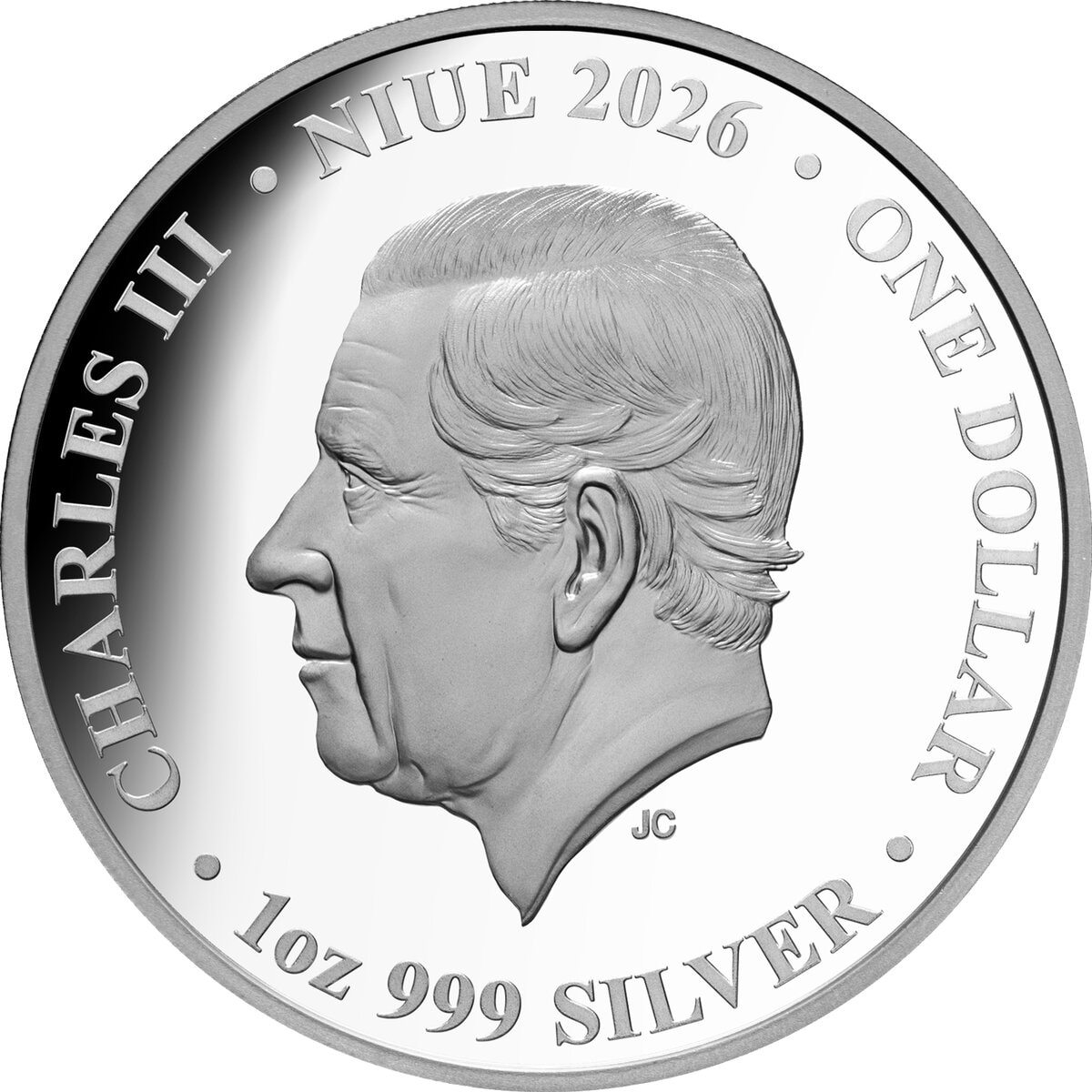 Side view of 2026 Niue Charles III silver coin, 1 oz, minted by the Perth Mint, featuring a portrait of Charles III.