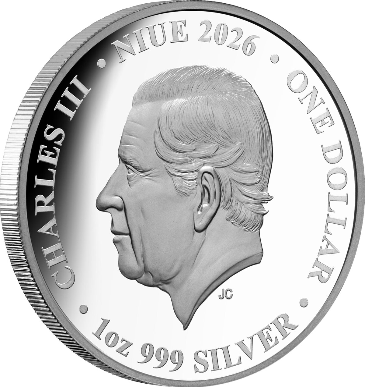 High-angle Niue 2026 silver coin featuring Charles III, 1 oz weight, minted by the Reserve, showcasing the golden d.
