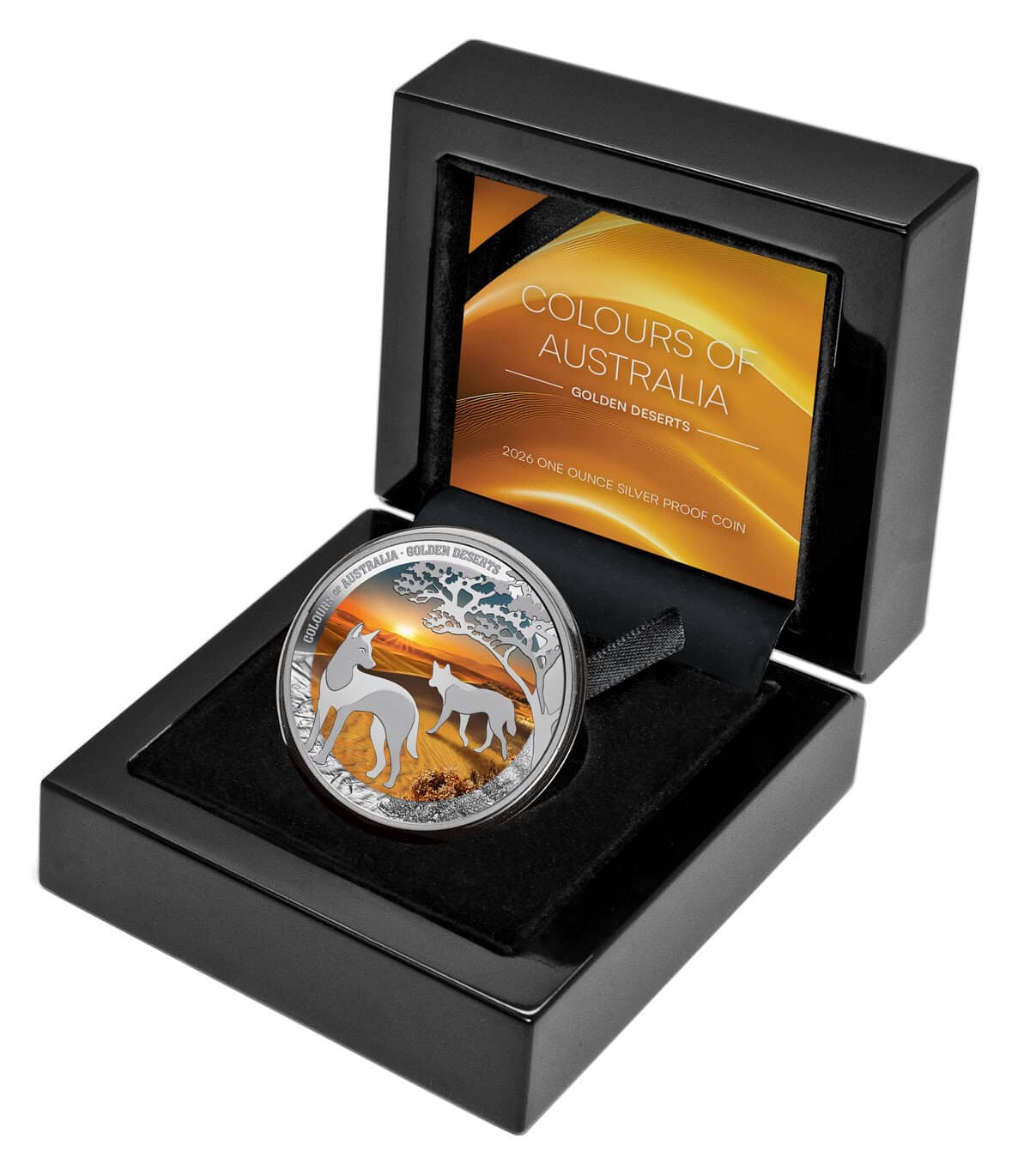 Shiny silver coin featuring Niue Colors of Australia Golden Deserts, 2026, minted by the New Zealand Mint, 1 oz wei.