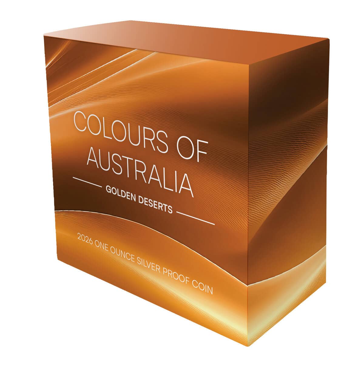 A lush angle of the 2026 Niue Colors of Australia Golden Deserts 1 oz Silver Proof Coin in GR Reserve Box, minted b.