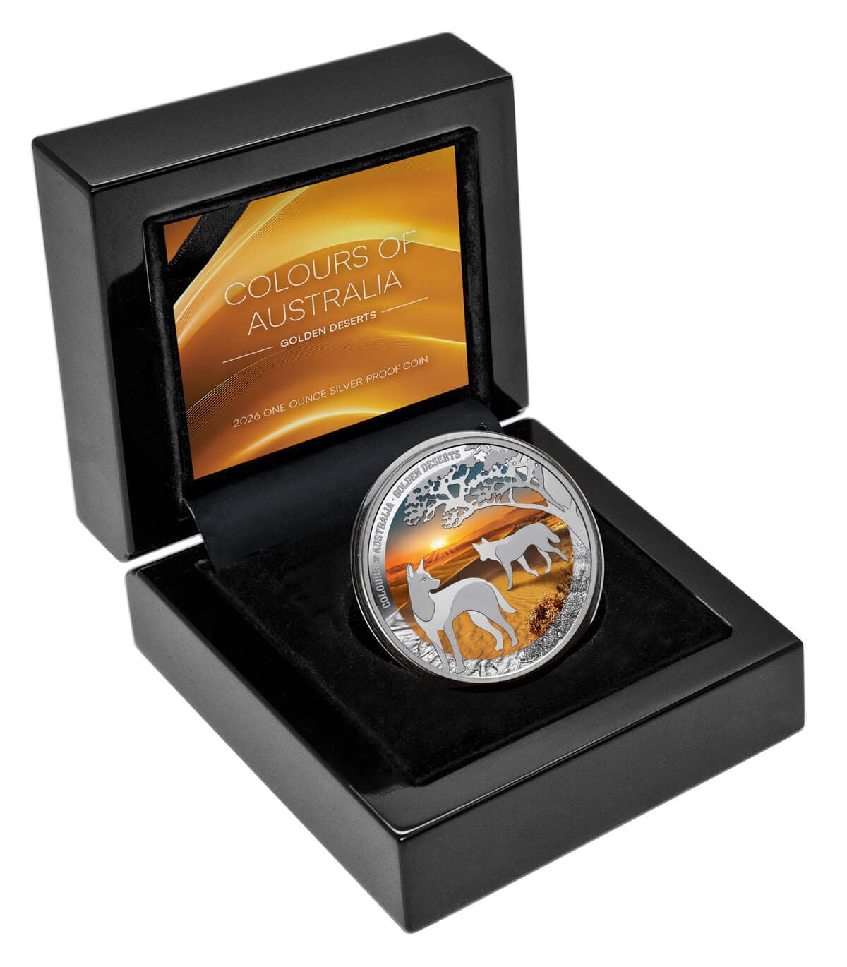 Niue 2026 Colors of Australia Golden Deserts 1 oz Silver Proof Coin, minted by GR, featuring desert wildlife, in a.