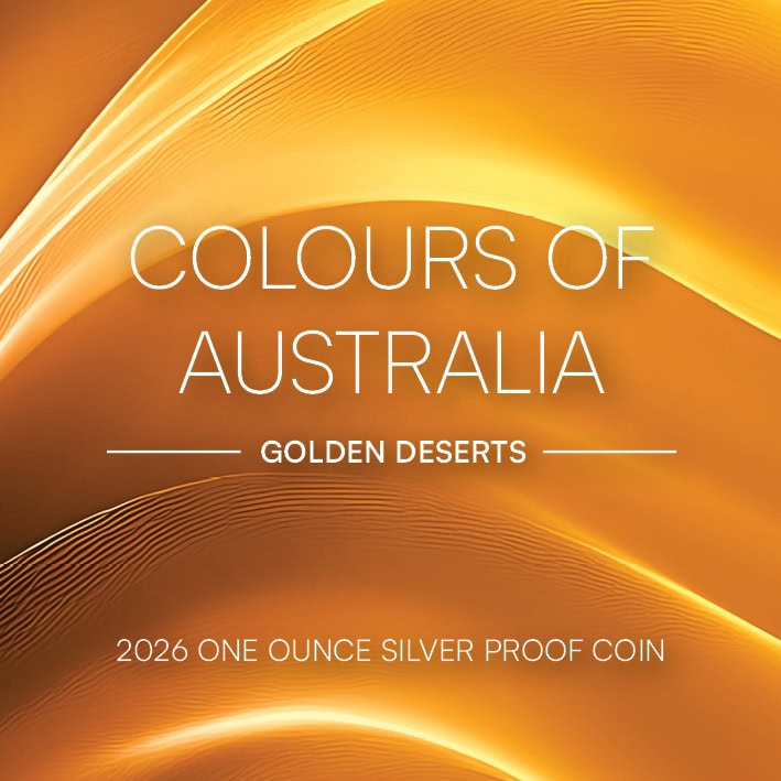 Shiny silver coin, angled view, 2026 Niue Colors of Australia Golden Deserts, minted by GR Reserve, 1 oz weight, sh.
