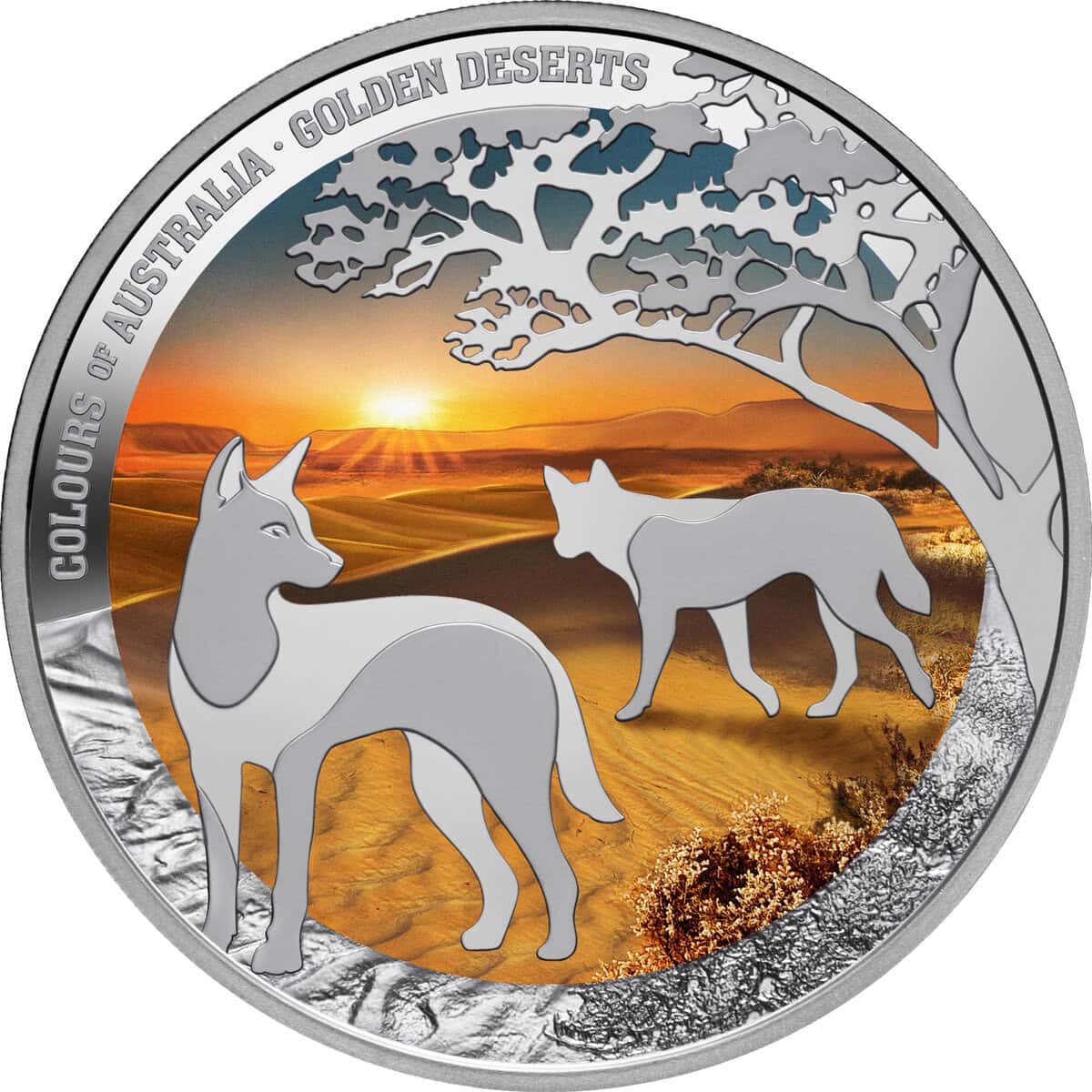 Niue 2026 Silver Proof Coin, angle view, 1 oz, minted by GR Reserve, featuring Australian golden deserts and native.