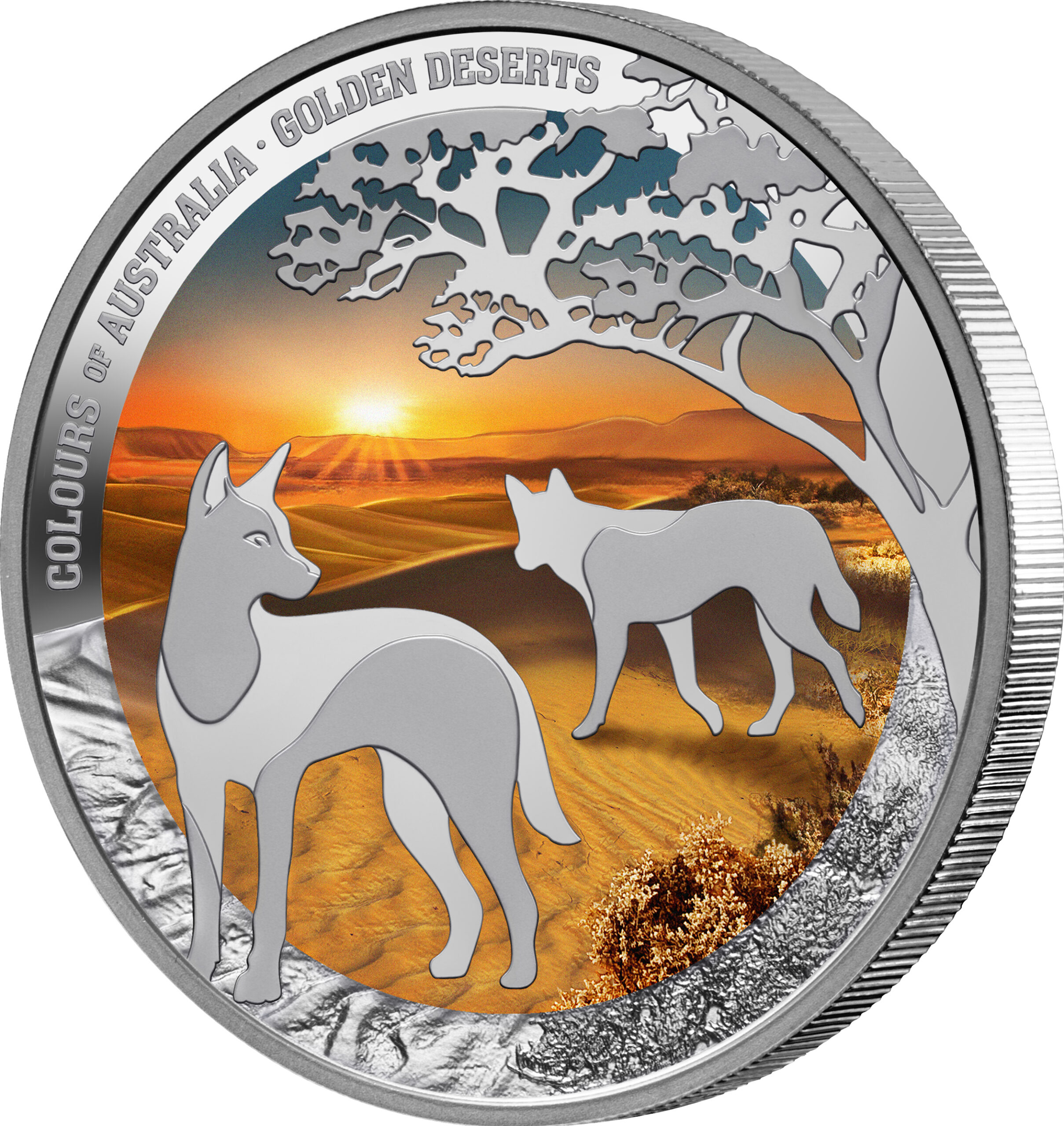 Bright angle coin from 2026, Niue, 1 oz silver proof, minted by GR Reserve, showcasing Australia’s golden deserts a.