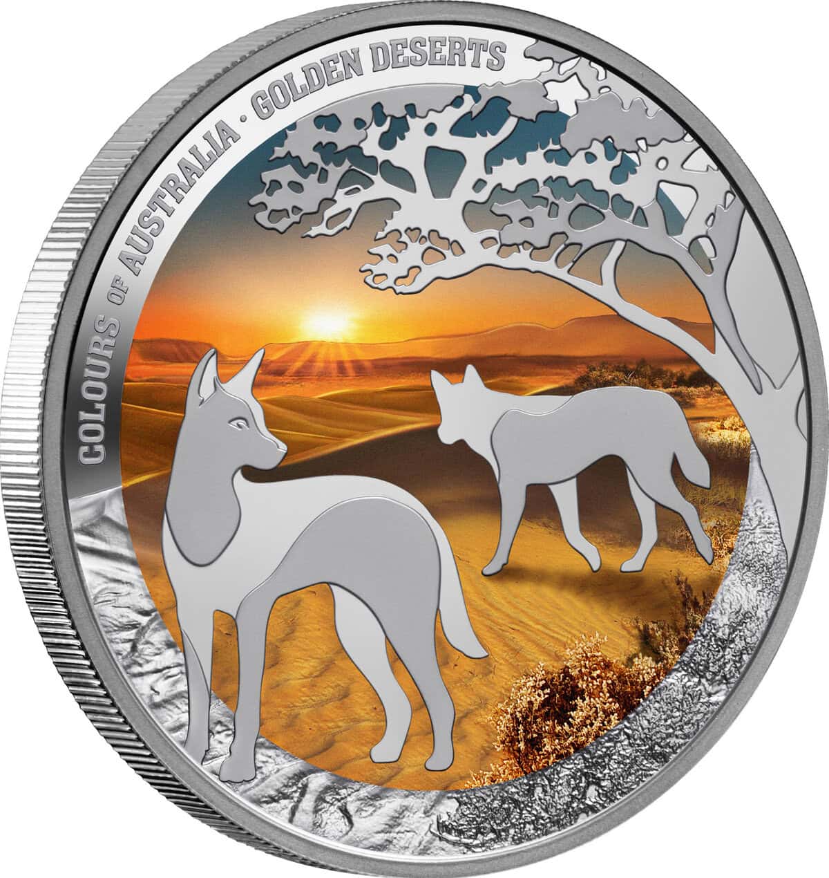 The front view of the 2026 Niue Colors of Australia Golden Deserts 1 oz Silver Proof Coin, showcasing detailed desi.