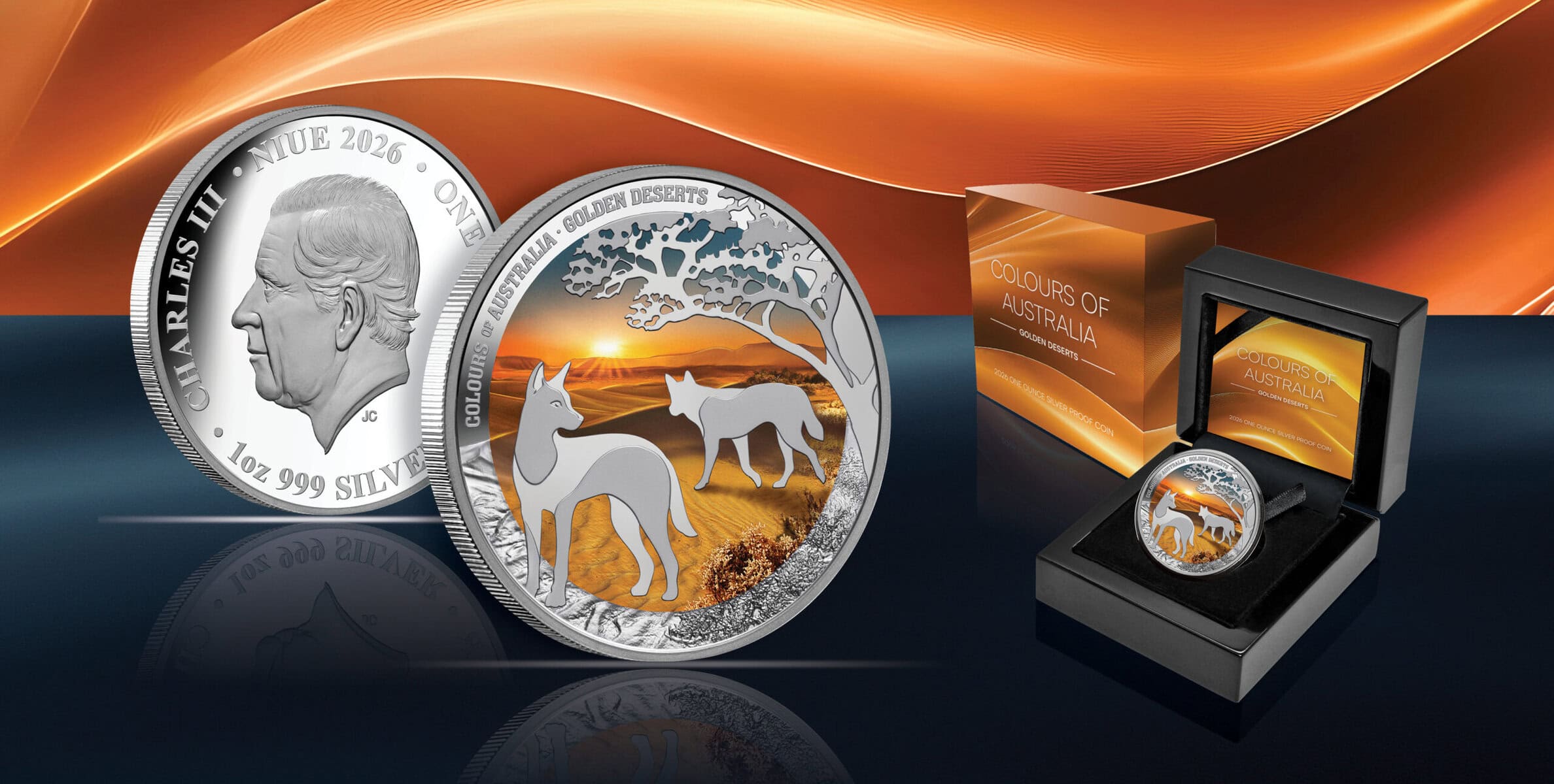 Niue 2026 silver proof coin, side view, 1 oz, Royal Australian Mint, featuring Australian desert colors and wildlif.