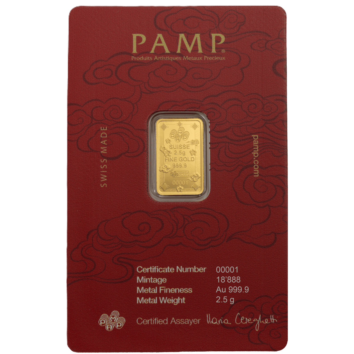 Crucial angle 2026 PAMP Lucky Cat 2.5g gold bar, minted by PAMP in 2026, featuring Lucky Cat theme, in assay card.