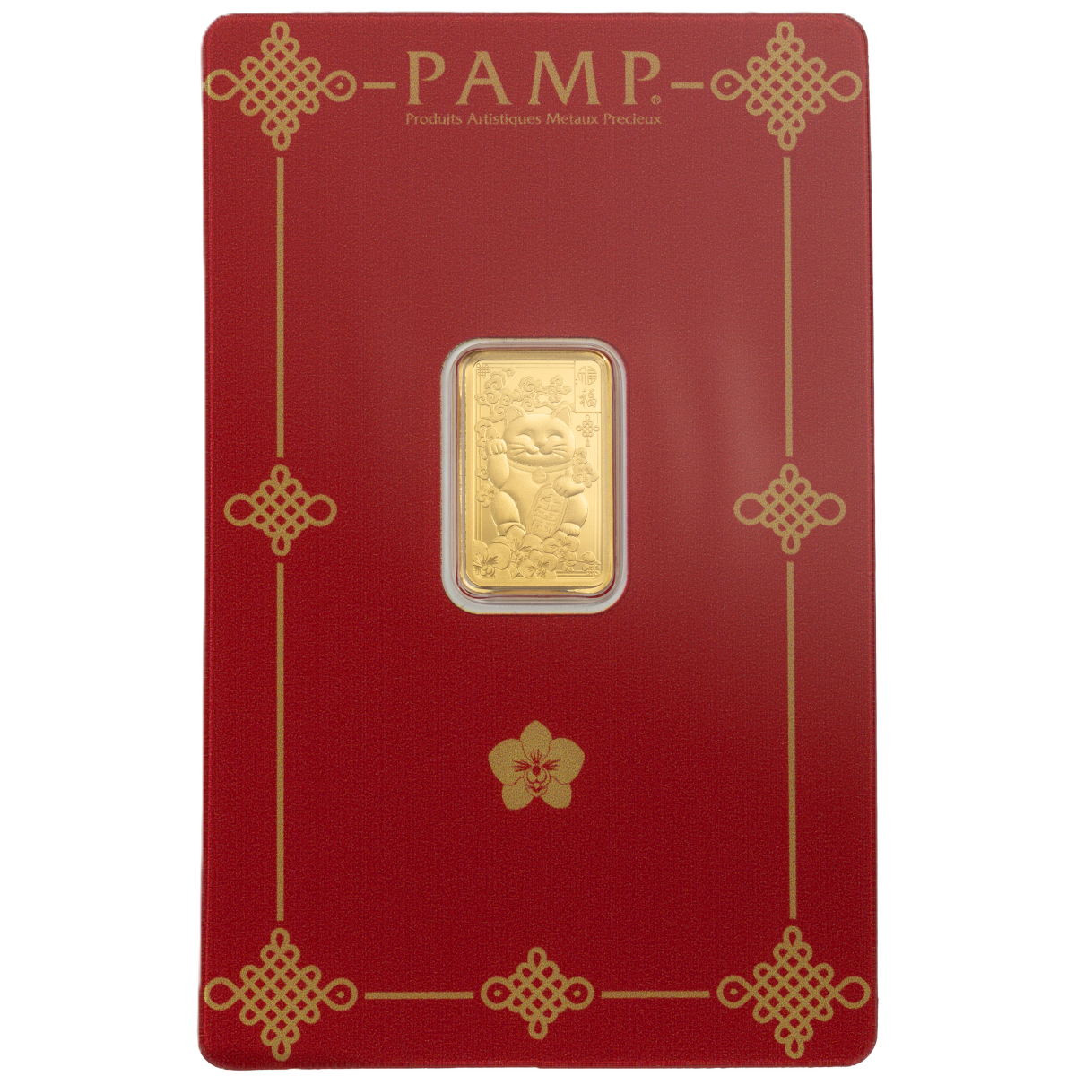 Shiny gold PAMP Lucky Cat 2.5g proof-like bar from 2026, minted in Switzerland, displayed on a red assay card with.