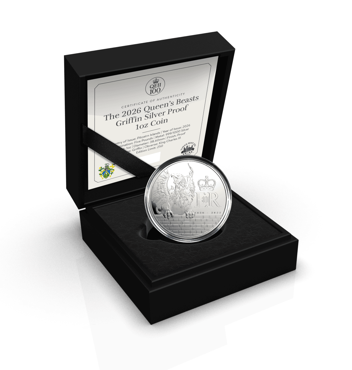 Crucial angle, 2026, Pitcairn Islands mint, 1 oz silver proof coin featuring Griffin Queen's Beasts theme, in elega.