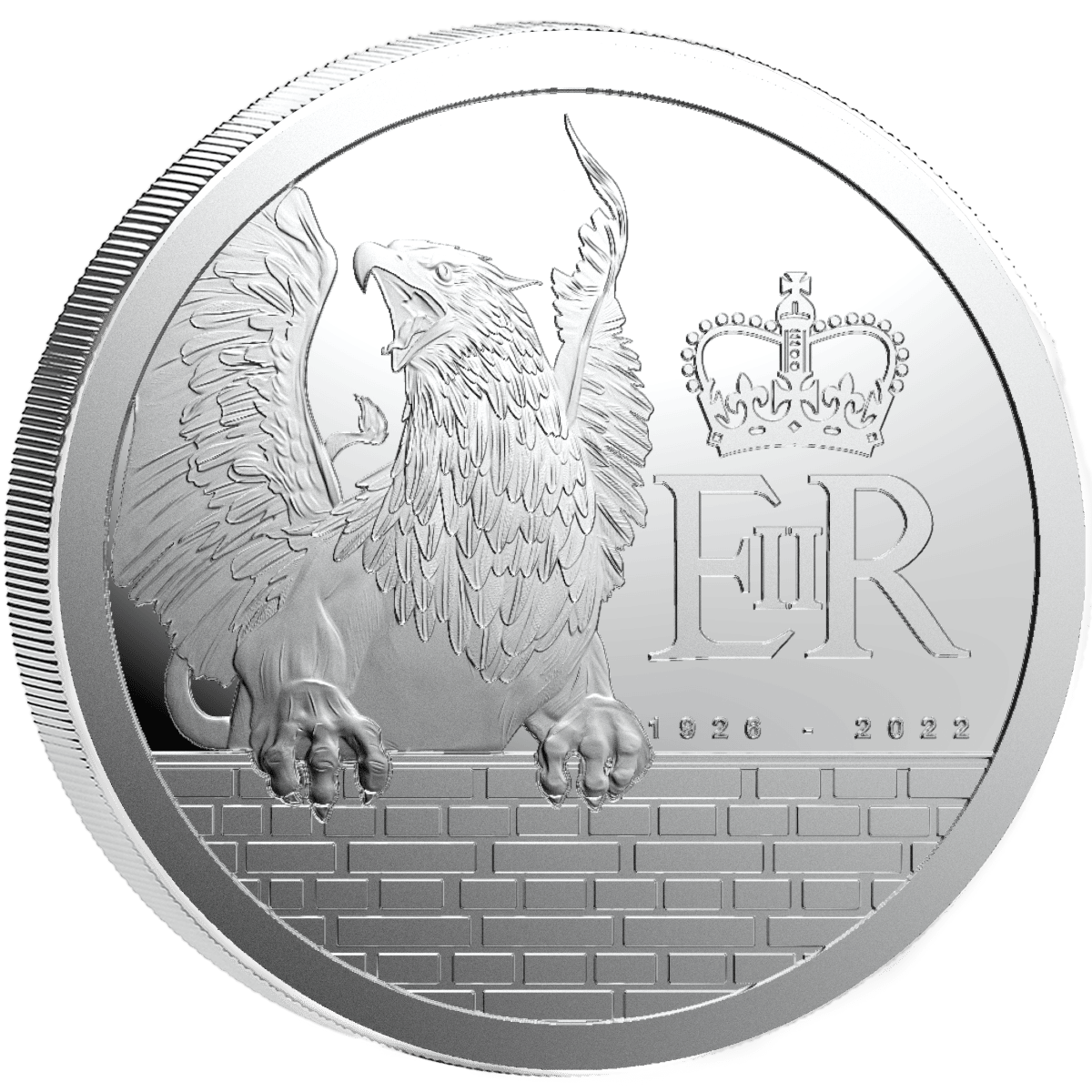 Front angle of 2026 Pitcairn Islands Queens Beasts Griffin 1 oz Silver Proof Coin, minted by GR Reserve, featuring.