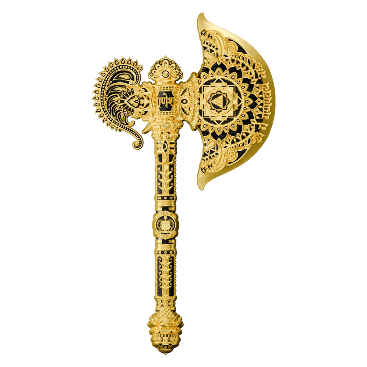 Samoa Axe of Ganesha Parashu 5 oz Silver Gilded coin, 2026, minting by GR Reserve, detailed angle showcasing intric.