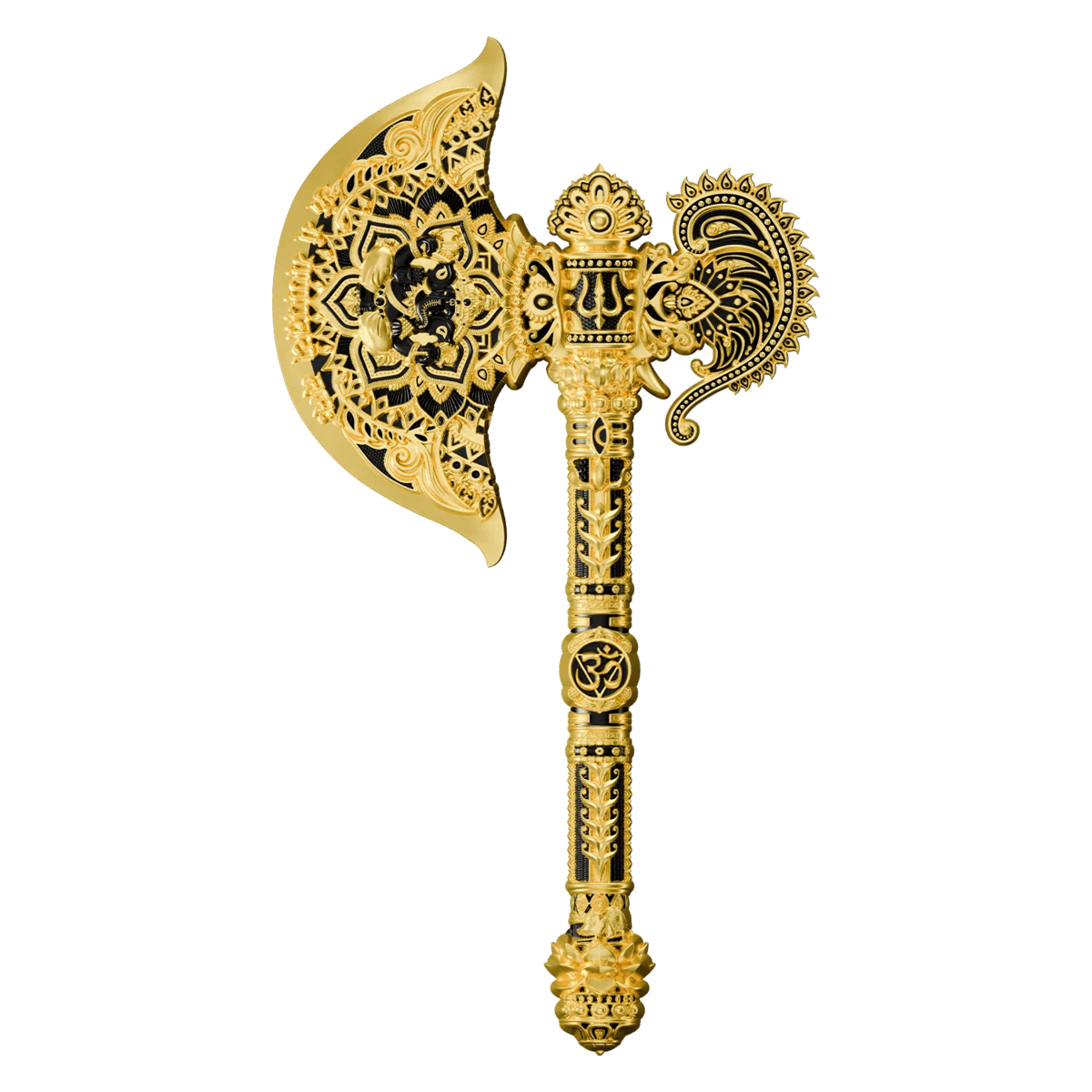 An intricately designed 2026 Samoa Axe of Ganesha Parashu 5 oz Silver Gilded coin, minted by GR Reserve, showcasing.