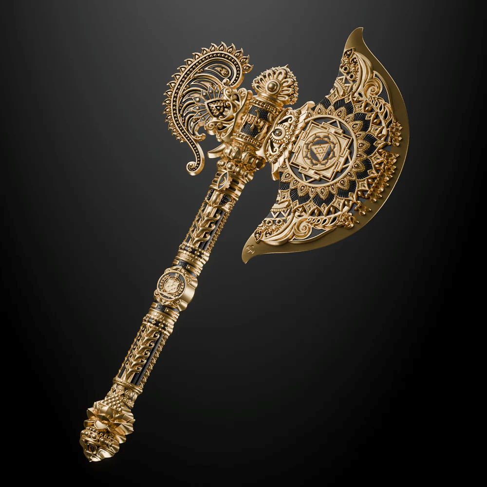 Intricate Samoa Axe of Ganesha Parashu 2026, 5 oz Silver Gilded Coin, minted by GR Reserve, detailed angle showcasi.