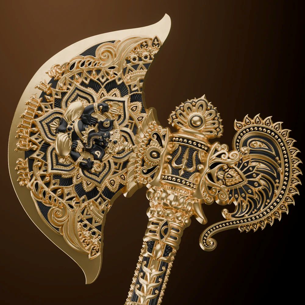 Intricate Samoa Axe of Ganesha Parashu 2026 silver gilded shaped coin, 5 oz, minted by GR Reserve, showcasing detai.