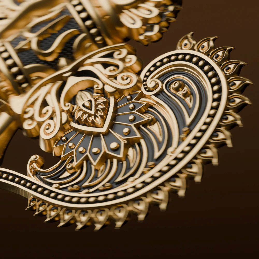 Intricate Samoa Axe of Ganesha Parashu 5 oz Silver Gilded Coin, 2026, Minted for GR Reserve, detailed angle showcas.