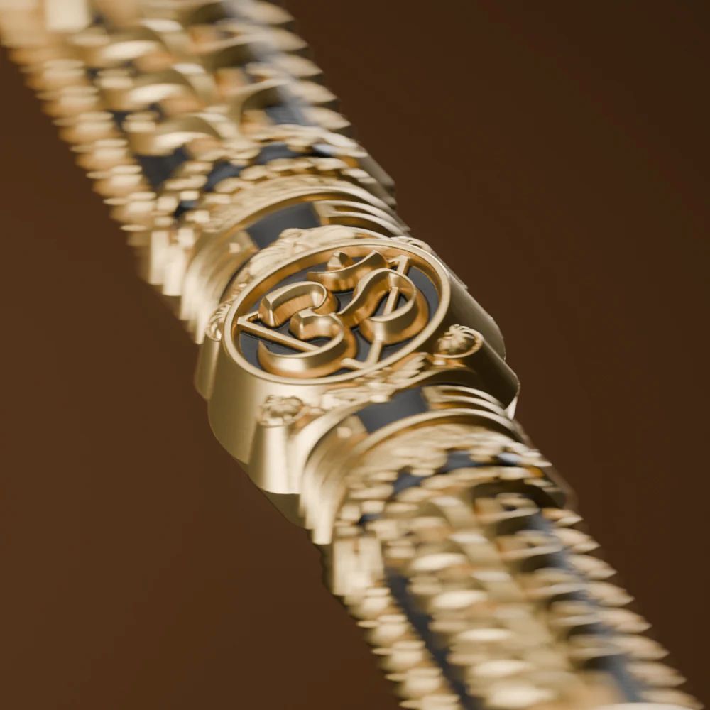 Intricate Samoa Axe of Ganesha Parashu 2026 silver gilded shaped coin, 5 oz, minted by GR Reserve, angled view show.