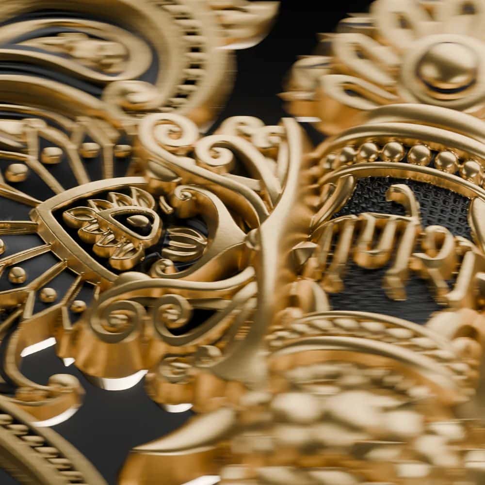 Close-up of Samoa Axe of Ganesha Parashu 5 oz Silver Gilded Coin, 2026, minting details, detailed craftsmanship, th.