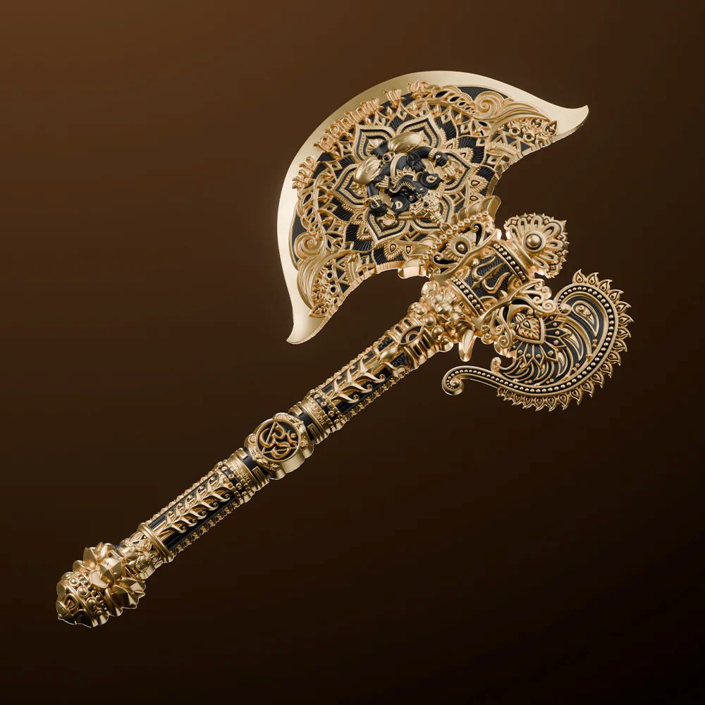 A detailed, close-up view of the Samoa Axe of Ganesha Parashu 5 oz Silver Gilded Shaped Coin, showcasing intricate.