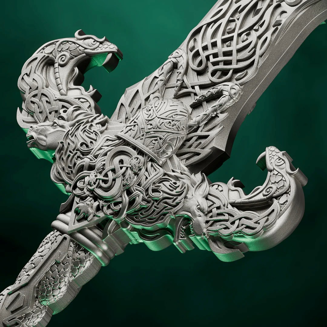 Intricate Laevateinn Norse sword design, 2026, minted by GR, 1 oz silver, detailed dragon and serpent motifs, perfe.
