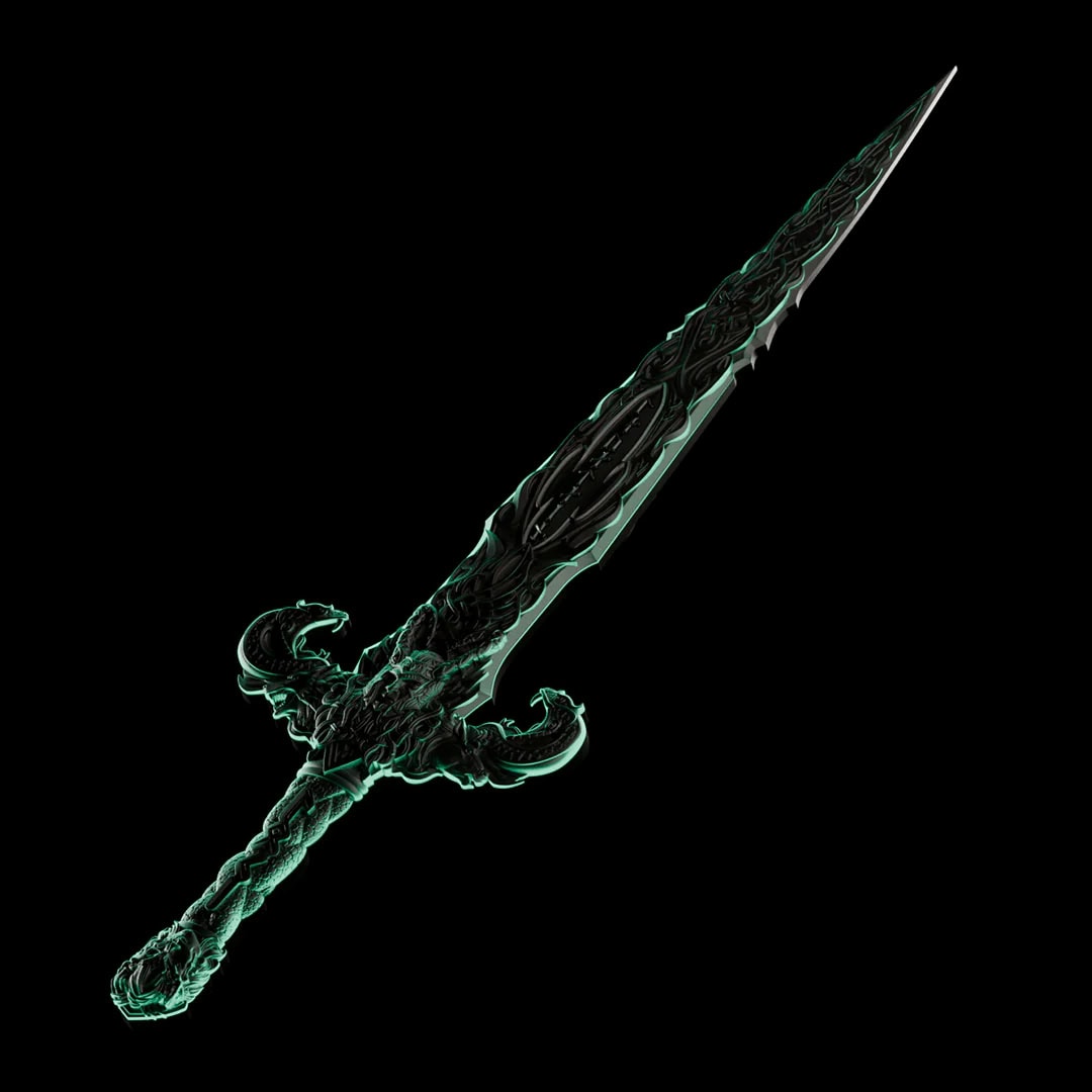 Intricate Laevateinn sword replica, 2026, minted by Dark Reserve, 1 oz silver, angled view showcasing Norse mytholo.