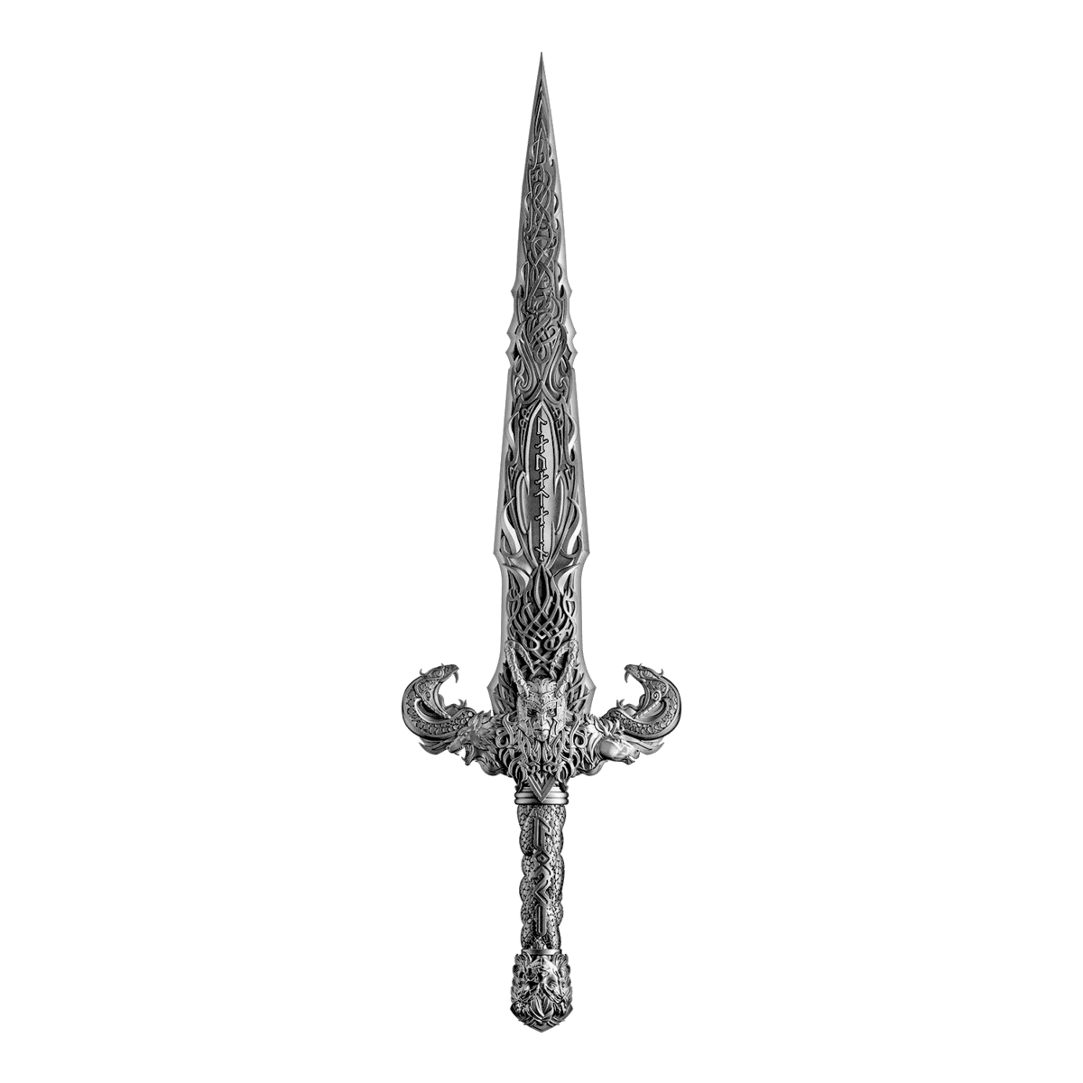 Intricate Laevateinn Norse sword design, 2026, minted by GR, 1 oz silver collectible, angled view showcasing detail.