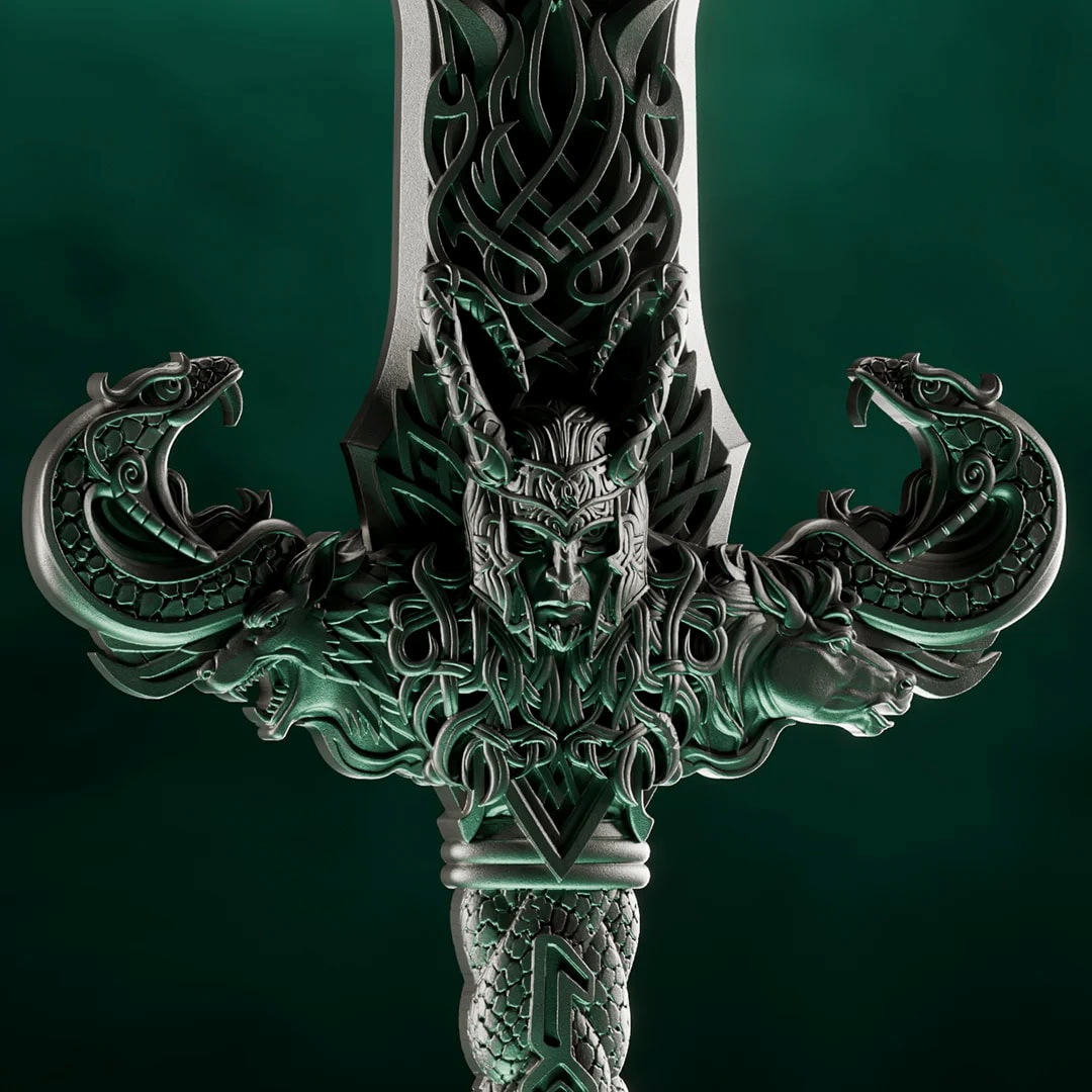 Intricate Laevateinn Norse sword design, 2026, made by GR Mint, 1 oz silver collectible, detailed angle showcasing.