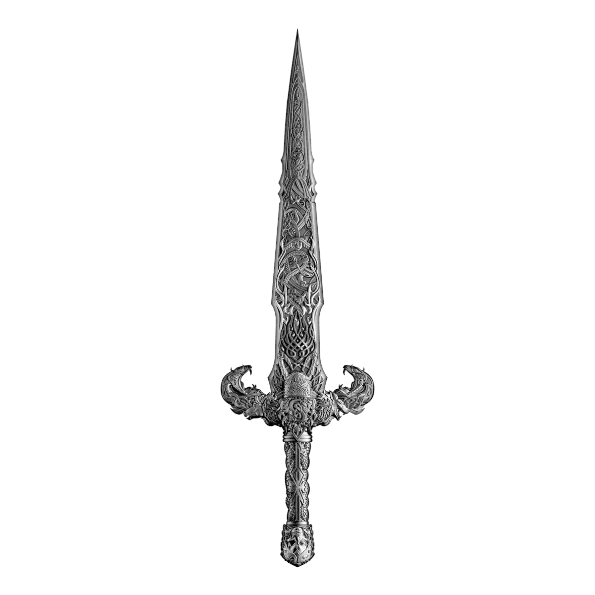 Intricate Laevateinn Norse sword design, 2026, minted by GR, 1 oz silver collectible, angled view showcasing detail.