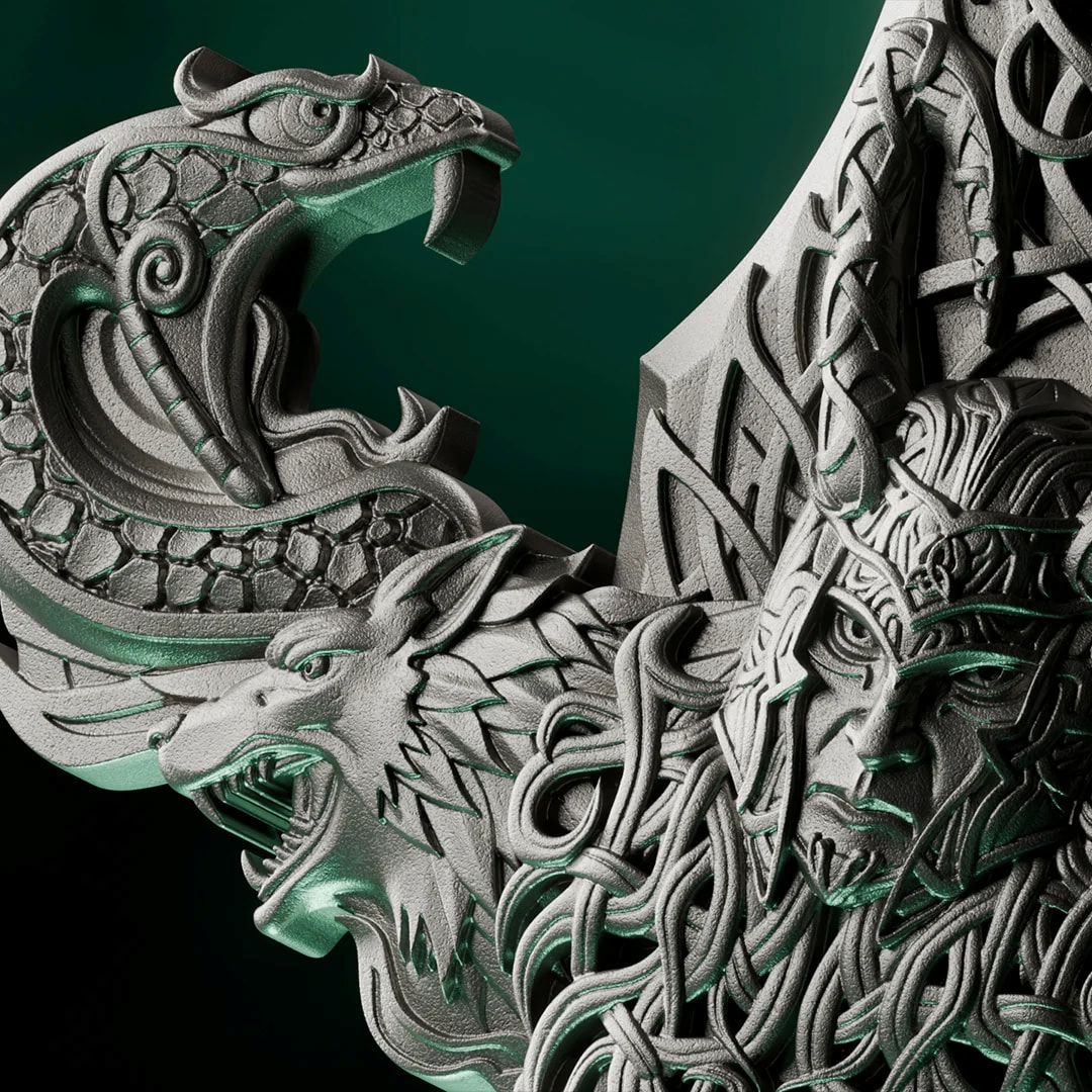 Intricate Norse-inspired Laevateinn sword design, 2026, minted by GR, 1 oz silver, featuring mythic themes and deta.