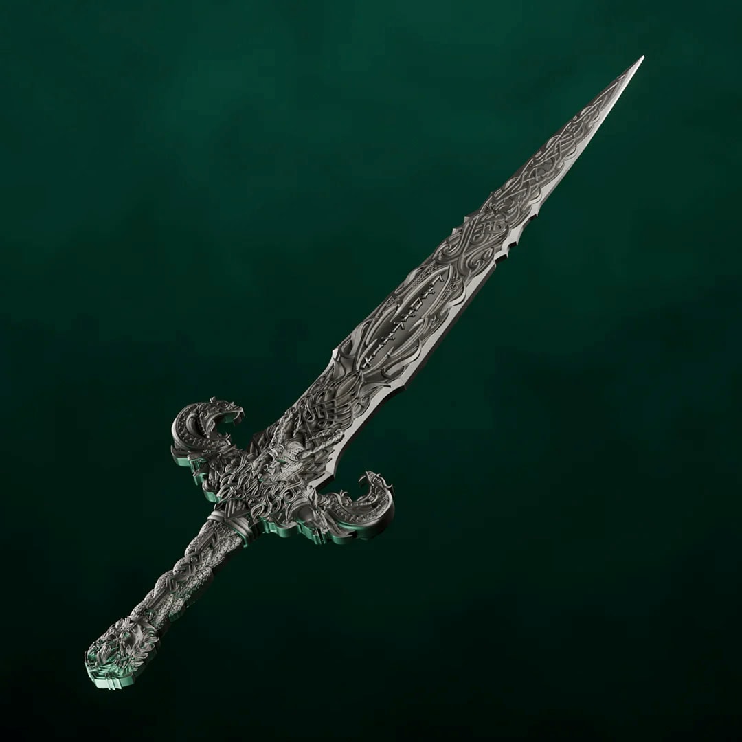 Intricate Laevateinn Norse sword design, 2026, minted by GR, 1 oz silver, angled view showcasing detailed craftsman.