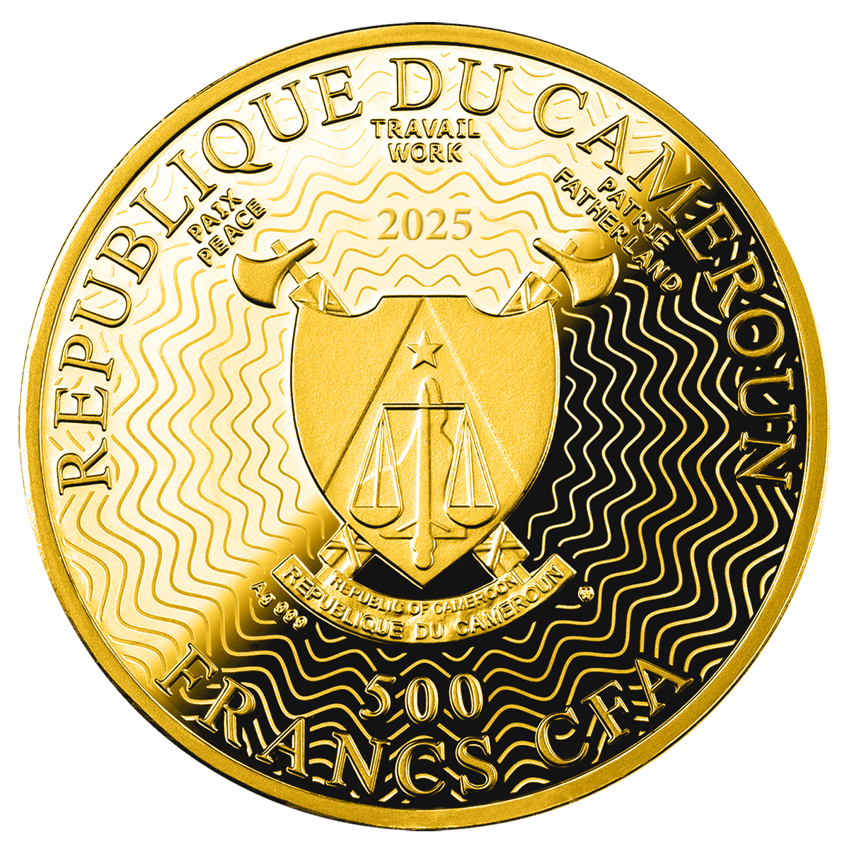 Elegant obverse view of the 2025 Cameroon 50 Francs gold coin, minted by the Bank of Cameroon, weighing 8 grams, fe.