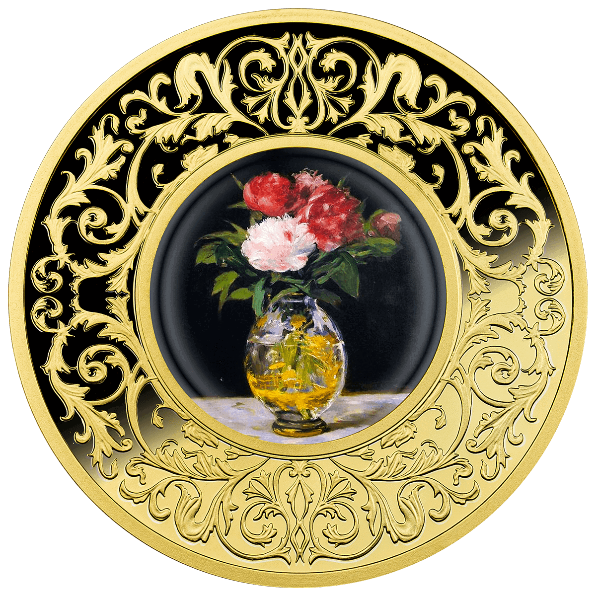 Reverse view of a 2023 gold coin featuring Edouard Manet's floral bouquet painting, minted by the Paris Mint, 10 gr.